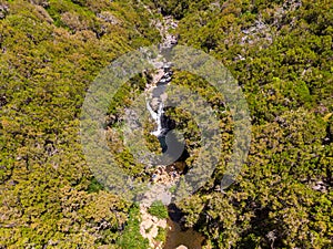 Drop down view of river runing through forest.