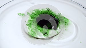 Drop of green chlorophyll or chlorella extract falls into water and dissolves.