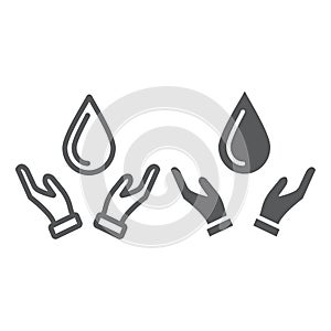 Drop in hands line and glyph icon, nature and save, water sign, vector graphics, a linear pattern on a white background.