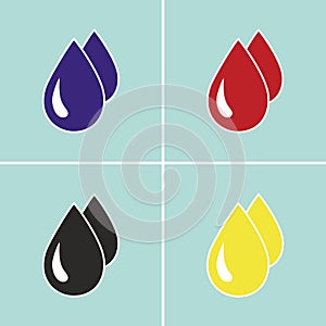 Drop icon: water, petroleum, oil and blood. Vector image of a drop in blue, red, yellow and black colors. Environment, ecology and