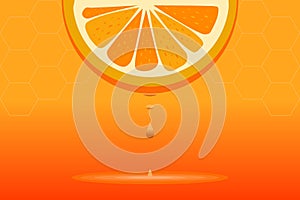 Drop of juice dripping from orange half on orange background with honeycomb pattern. Vector illustration