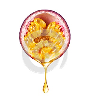 A drop of juice drips from half a passion fruit closeup isolated on white background