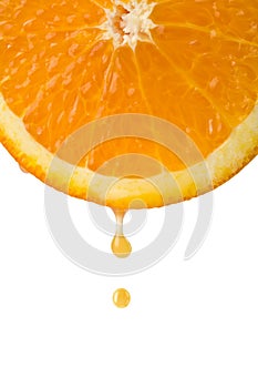 Drop of juice falling from orange half isolated