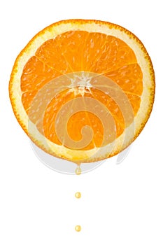 Drop of juice falling from orange half isolated