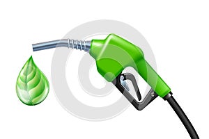 Drop like a green leaf dripping from Fuel handle pump nozzle with hose