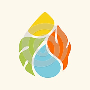 Drop logo template with elements of nature. Elegant vector logotype or icon with water, fire, leaf and sun