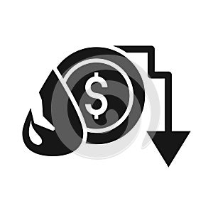 Drop money downward arrow trade crisis economy, oil price crash silhouette style icon