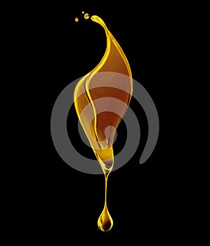 Drop of olive oil or oily cosmetic liquid dripping close up on a black background