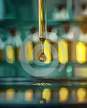 A drop of pure organic oil falls from a pipette, contrasting sharply with a backdrop of synthetic oil vials photo