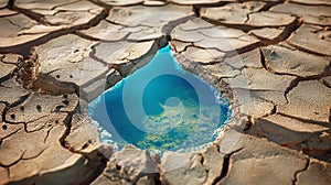 Drop shaped puddle of water in parched field with cracked soil. Drought, climate change, fresh water shortage and