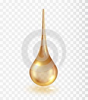 Drop of transparent golden cosmetic liquid. Oil yellow shapes isolated on transparent background. Cosmetic spa droplet.