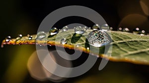 A drop of water balancing on the edge of a leaf. AI generated