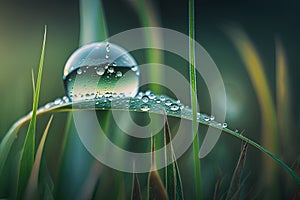 a drop of water on a blade of grass with grass in the background.