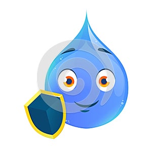 Drop of water character holds shield cartoon art