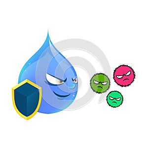 Drop of water character holds shield to protect from virus cartoon art