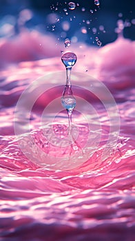 A drop of water dissolves into pink-colored water, creating blurred gradients and a smooth transition in this vibrant