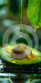 A drop of water is falling on an avocado