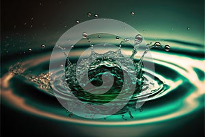 Drop of water falling and splashing. Close up view. Green color. Mmoving fluid. Generative AI