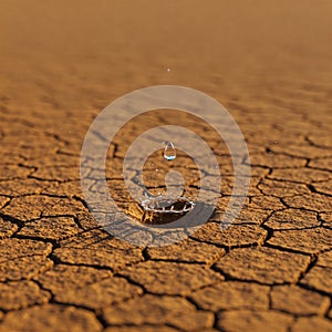 A drop of water falls on the dry, cracked ground.
