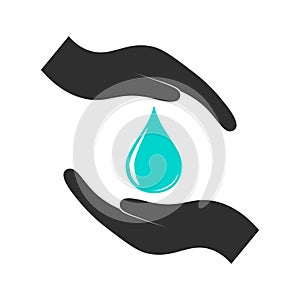 Drop of water between hands icon vector illustration in color. A symbol of cleanliness, care and careful handling of water