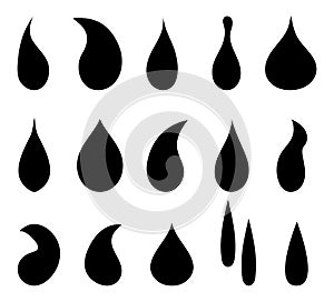 Drop water icon. Black droplet. Symbol of oil, rain, liquid. Shape of tear. Simple graphic element of aqua, blood, milk. Logo of