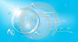 Drop water moisturizer blue and structure squalane molecule. photo