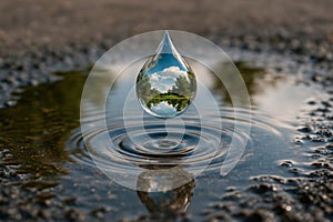 A drop of water over a puddle with a reflection of the sky.
