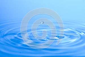 A drop of water over the water surface with circles of blue tones, close-up