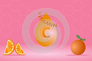 Drop water vitamin C orange with an orange fruit and orange slice on pink background with honeycomb pattern. Vector illustration