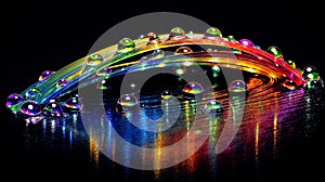 Droplet creating a rainbow-colored arc on a black background, with reflection on a shiny surface, generative ai