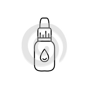 Droplet packaging. Linear icon of liquid medication to moisturize, eye or nasal drops. Black simple illustration of bottle with photo