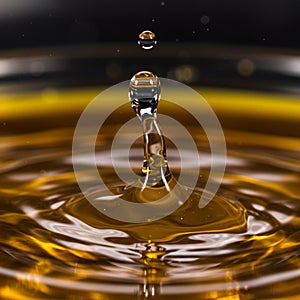A droplet rises from the surface of a golden liquid, creating ripples. The scene
