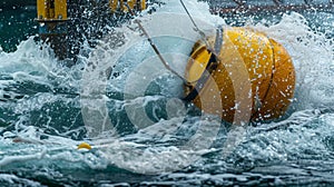 Droplets of saler spray up from the churning currents surrounding a tingedge tidal energy generator photo
