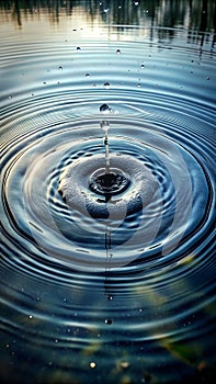 Droplets of water falling into a pond, creating conce