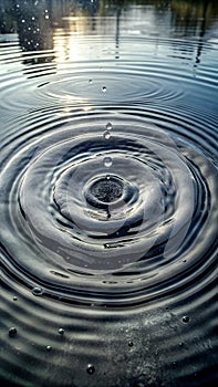 Droplets of water falling into a pond, creating conce