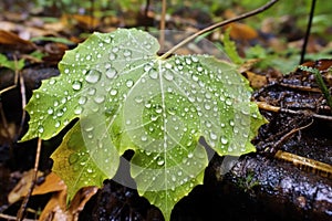 droplets of water on large leaf in the understory