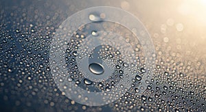 Droplets of water rest on a smooth surface, creating a pattern of variously sized droplets that