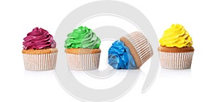 Dropped cupcake among good ones on white background. Troubles happen