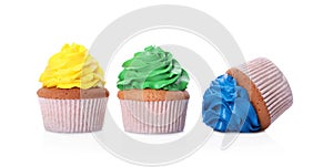 Dropped cupcake among good ones on white background. Troubles happen