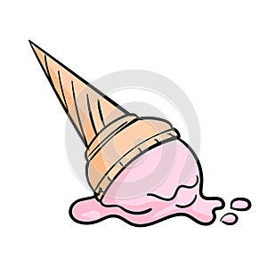 Dropped ice cream doodle cartoon isolated clipart on white background, Vector illustration of pink icecream