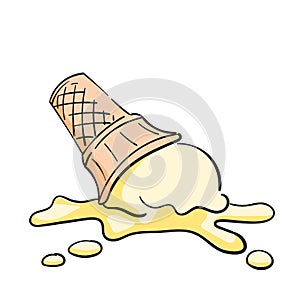 Dropped melted ice cream doodle cartoon isolated clipart on white background, Vector illustration of one scoop