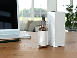 Dropper Bottle with box on table Mock-Up - Blank Label