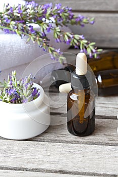 A dropper bottle of lavender essential oil. Closeup