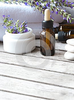 A dropper bottle of lavender essential oil. Closeup