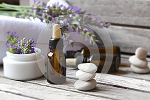 A dropper bottle of lavender essential oil. Closeup