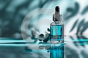 Dropper bottle of serum mockup on an abstract blue background with light and shadows