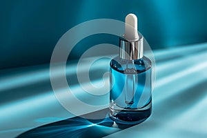 Dropper bottle of serum mockup on an abstract blue background with light and shadows