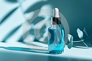 Dropper bottle of serum mockup on an abstract blue background with light and shadows