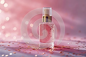 Dropper bottle of serum mockup on an abstract pink background with light and shadows