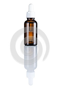 Dropper brown glass Bottle Cosmetic serum packaging and reflection isolated on white background, Eye drop essential oil bottle